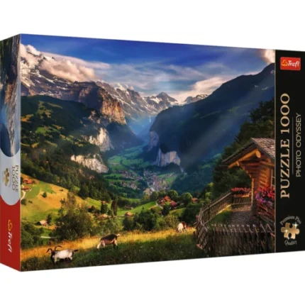 Cutia puzzle-ului Trefl Premium Plus cu Valea Lauterbrunnen din Elveția, 1000 de piese