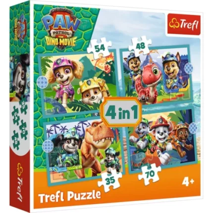 Cutia puzzle Trefl 4 în 1 Patrula Cățelușilor Povești de pe Insula Dinozaurilor