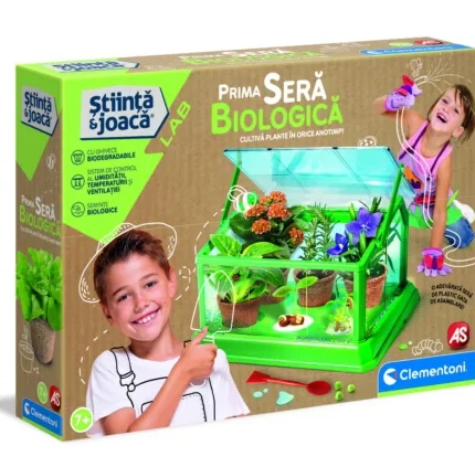 Set Clementoni Prima seră biologică, ambalajul produsului pentru copii de 7+ ani